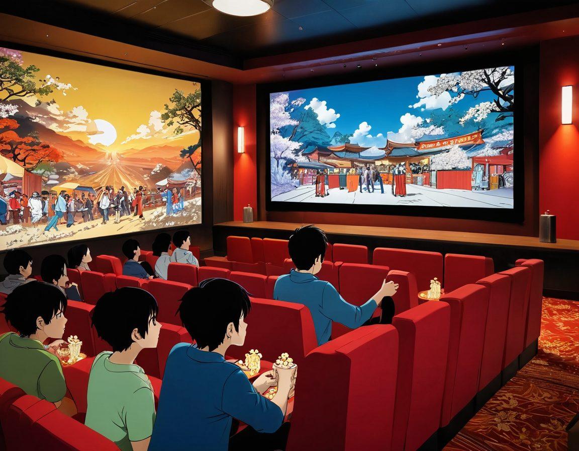 A dynamic scene depicting a split image: on one side, an intricate manga panel with bold lines and stylized characters in a cozy room, and on the other side, a vibrant animated scene showcasing adults enjoying an anime screening in a theater, complete with popcorn and excitement. The transition between manga and screen should be fluid and visually striking, incorporating elements of both art forms. vibrant colors. super-realistic. cinematic lighting.